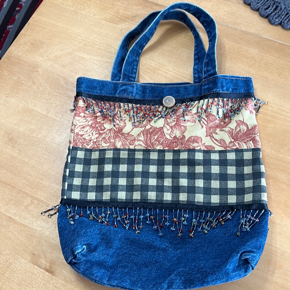 Handmade Boho Denim Patchwork Tote Bag Floral Gingham